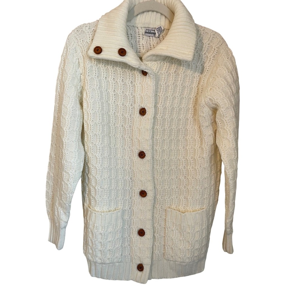 Donnkenny Vintage Cream Cable Knit Button Fisherman Cardigan Pockets Size M